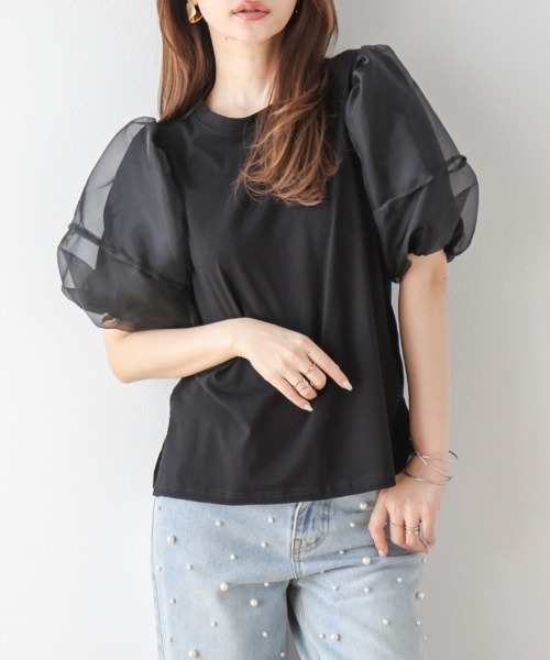 SUGAR BISKET(シュガービスケット)の「オーガンジーランタンスリーブトップス(Tシャツ/カットソー・レディース・ブラック/ベージュ/ホワイト・フリー)」の3枚目の写真