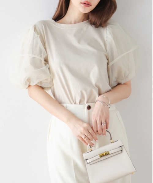 SUGAR BISKET(シュガービスケット)の「オーガンジーランタンスリーブトップス(Tシャツ/カットソー・レディース・ブラック/ベージュ/ホワイト・フリー)」の5枚目の写真