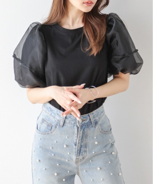 SUGAR BISKET(シュガービスケット)の「オーガンジーランタンスリーブトップス(Tシャツ/カットソー・レディース・ブラック/ベージュ/ホワイト・フリー)」の14枚目の写真