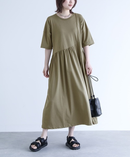 機能素材】『アシンメトリー切り替えワンピース』（ワンピース