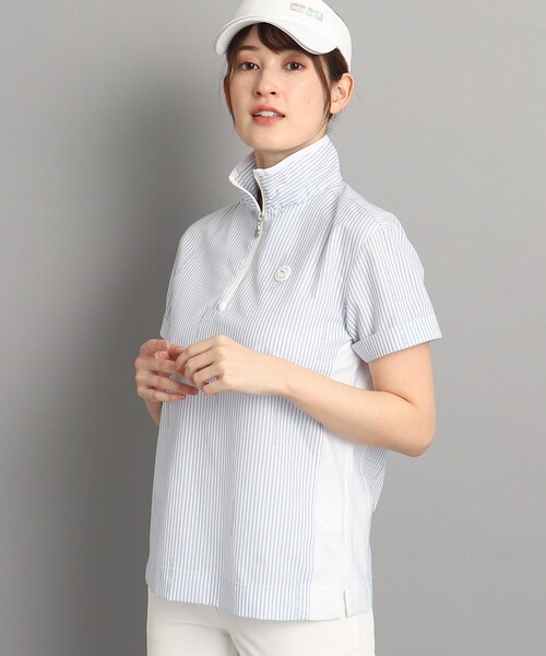 adabat(アダバット)の「◆ストライプデザイン 半袖ハーフジッププルオーバー(Tシャツ/カットソー・レディース・ネイビー系2/ブルー系7・38/40/42/36)」の2枚目の写真