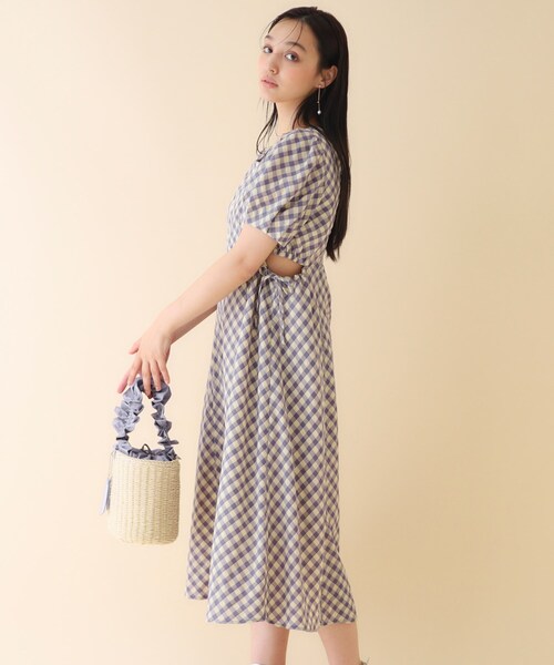 タグ付き美品　コットンウール　ギンガムチェックワンピース　ネイビー系　Lサイズ タグ付き美品コットンウールギンガムチェックワンピースネイビー