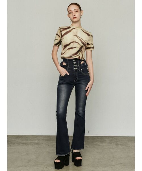 EMODA エモダ カットアウトリボンハイウエストフレアパギンス インディゴ 2 EMODA（エモダ）の「カットアウトリボンハイウエストフレアパギンス