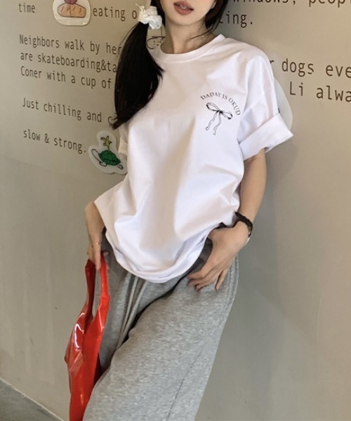 Mela（メラ）の「RIBBON BIG TEE（Tシャツ/カットソー・レディース・ダークグレー/ホワイト・FREE）」の12枚目の写真