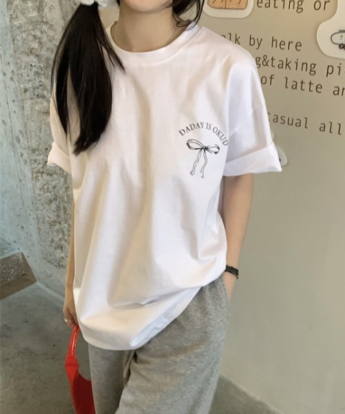 Mela（メラ）の「RIBBON BIG TEE（Tシャツ/カットソー・レディース・ダークグレー/ホワイト・FREE）」の5枚目の写真