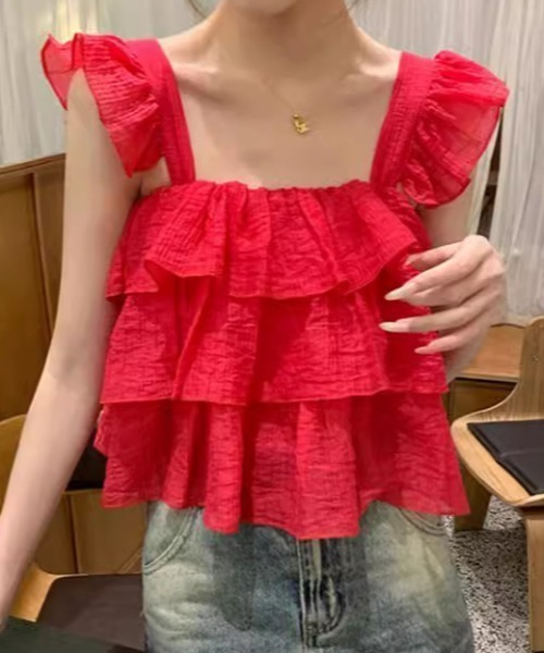 deux amour(ドゥーザムール)の「シアーティアードフリルキャミ(Tシャツ/カットソー・レディース・レッド/グリーン/ホワイト・FREE)」の3枚目の写真