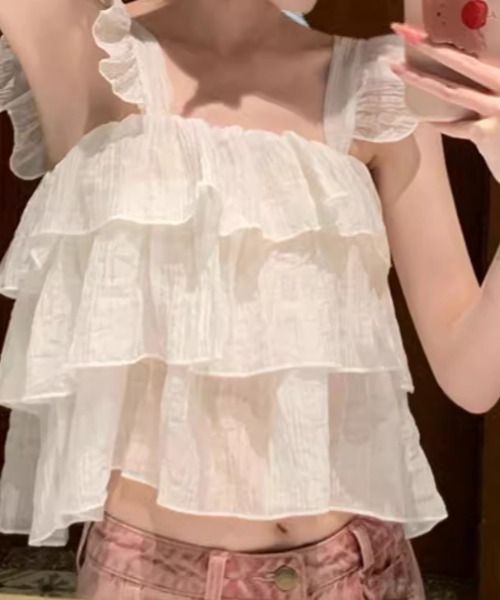 deux amour(ドゥーザムール)の「シアーティアードフリルキャミ(Tシャツ/カットソー・レディース・レッド/グリーン/ホワイト・FREE)」の4枚目の写真