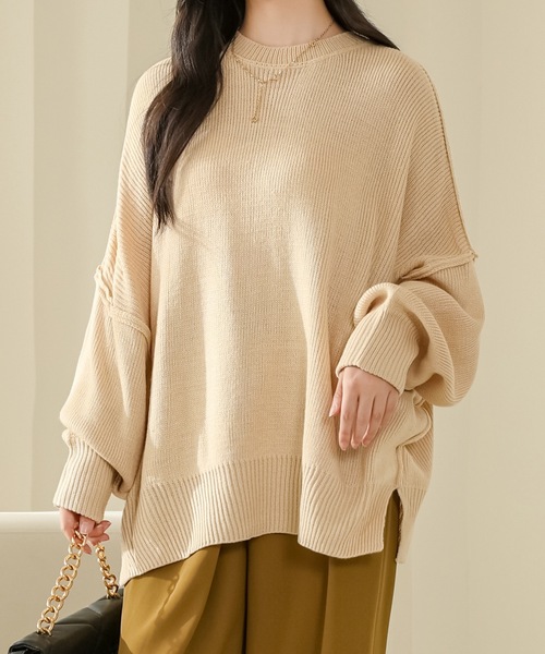 Lace Ladies(レースレディース)の「サイド スリット クルーネック 長袖 ニット プルオーバー(ニット/セーター・レディース・ネイビー/ベージュ/ブラウン/グレー/ブラック・M)」の1枚目の写真