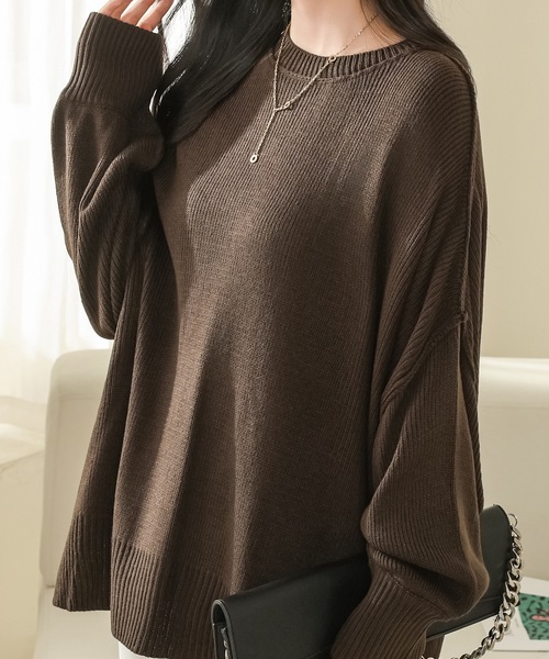 Lace Ladies(レースレディース)の「サイド スリット クルーネック 長袖 ニット プルオーバー(ニット/セーター・レディース・ネイビー/ベージュ/ブラウン/グレー/ブラック・M)」の4枚目の写真