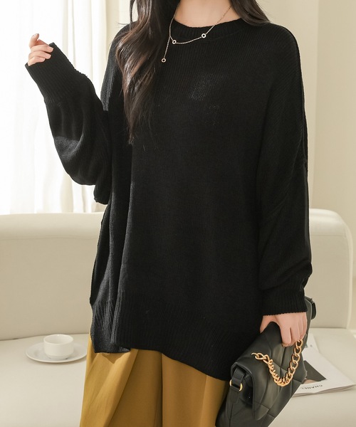Lace Ladies(レースレディース)の「サイド スリット クルーネック 長袖 ニット プルオーバー(ニット/セーター・レディース・ネイビー/ベージュ/ブラウン/グレー/ブラック・M)」の2枚目の写真