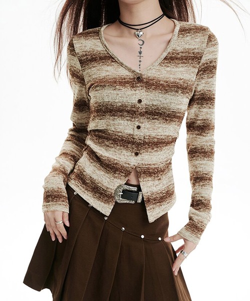 Sibra（シブラ）の「配色ニットトップス（Tシャツ/カットソー・レディース・ブラック/モカ・M）」の2枚目の写真