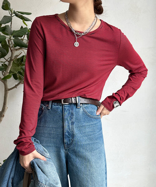 DouDou(ドゥドゥ)の「ボーダーロンTEE(Tシャツ/カットソー・レディース・カーキ/オフホワイト/レッド・FREE)」の18枚目の写真