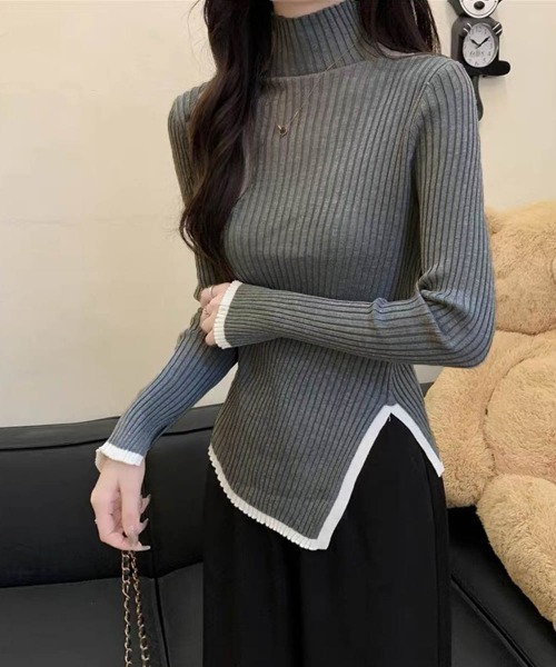 Miniministore（ミニミニストア）の「配色ハイネックニットセーター リブニット（ニット/セーター・レディース・ダークグレー/ブラック/ホワイト・FREE）」の4枚目の写真