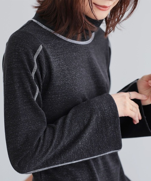 n'OrLABEL(ノアールレーベル)の「リブラメハイネックカットソー(Tシャツ/カットソー・レディース・ブラック/ブルーグリーン/グレー・S~M/3L/L~LL)」の1枚目の写真