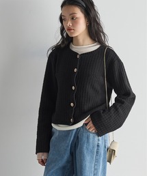 リップルジャガードノーカラーニットジャケット