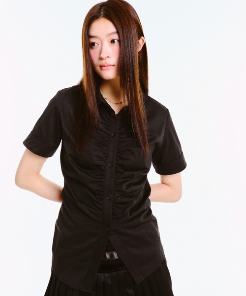 美品/FEKETE/フェケテ/半袖/ブラウス/ギャザータイトシャツ/チェック/L セール】GATHER FEMININE TIGHT SHIRT / ギャザータイトシャツ