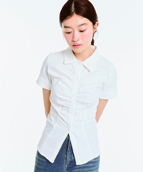 美品/FEKETE/フェケテ/半袖/ブラウス/ギャザータイトシャツ/チェック/L FEKETE ブラウス シャツ GATHER FEMININE TIGHT SHIRT