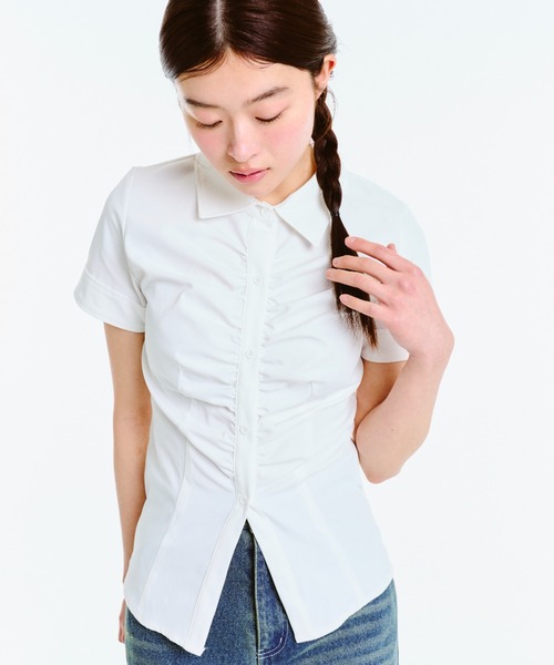 FEKETE(フェケテ)の「GATHER FEMININE TIGHT SHIRT / ギャザータイトシャツ(シャツ/ブラウス・レディース・ブラック/ホワイト/チェック・SMALL/MEDIUM/LARGE)」の7枚目の写真