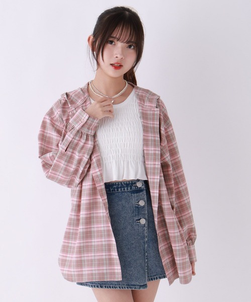 repipi armario（レピピ アルマリオ）の「チェックフードルーズシャツ（シャツ/ブラウス・キッズ・グリーン系その他/ブラック/ピンク系その他・MEDIUM/LARGE/SMALL）」の3枚目の写真