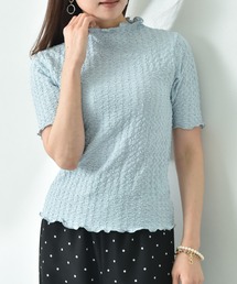 カギ針ジャガードハイネック半袖プルオーバー