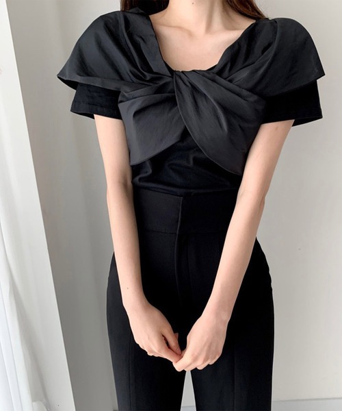Jasmine Grandiflorum（ジャスミングランディフローラム）の「【Jasmine】2WAY肩見せクロスデザイン半袖Ｔシャツ (SS)（Tシャツ/カットソー・レディース・ホワイト/ブラック・FREE）」の9枚目の写真