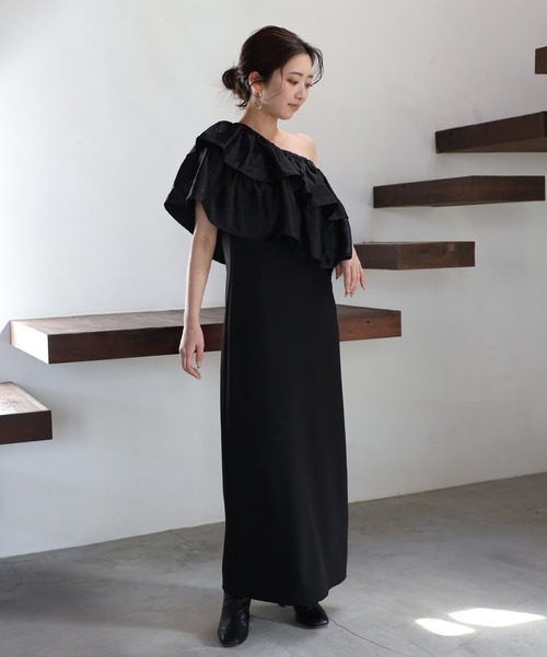 韓国ワンピース ワンショルダー 2wayスタイル 2WAY one shoulder dress with frill / フリル付き2WAYワン