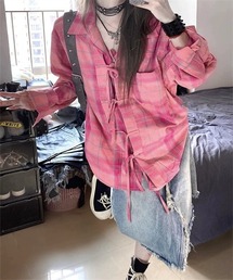 リボンデザインチェック柄シャツ