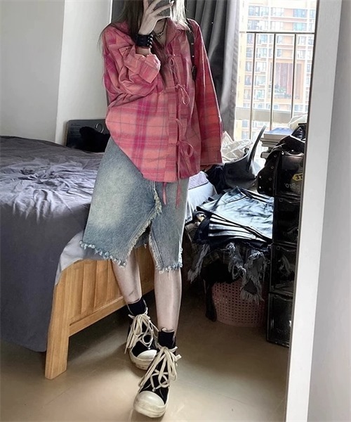 Dream garden(ドリームガーデン)の「リボンデザインチェック柄シャツ(シャツ/ブラウス・レディース・ピンク系・S/M/L/XL)」の6枚目の写真