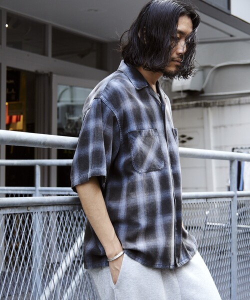 セール】ムラブリーチ加工 オープンカラー オンブレチェックシャツ