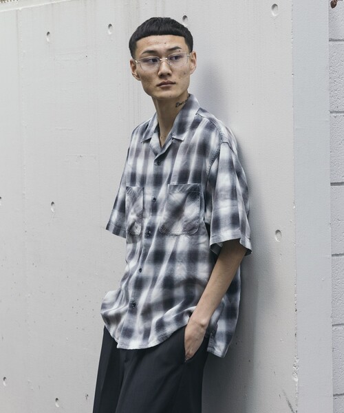 セール】ムラブリーチ加工 オープンカラー オンブレチェックシャツ