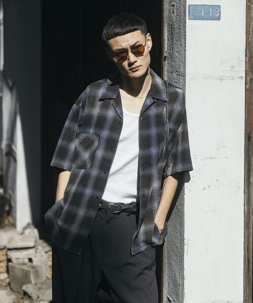 セール】ムラブリーチ加工 オープンカラー オンブレチェックシャツ