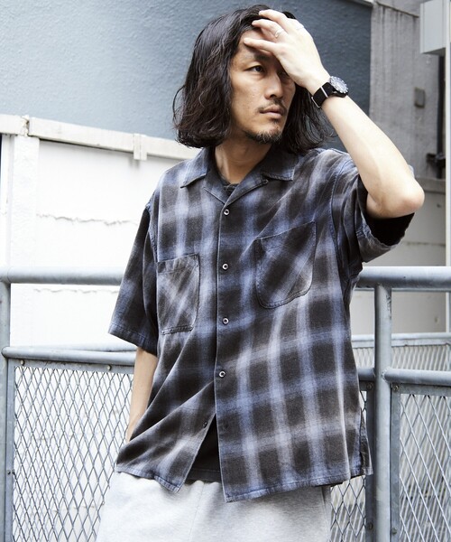 セール】ムラブリーチ加工 オープンカラー オンブレチェックシャツ