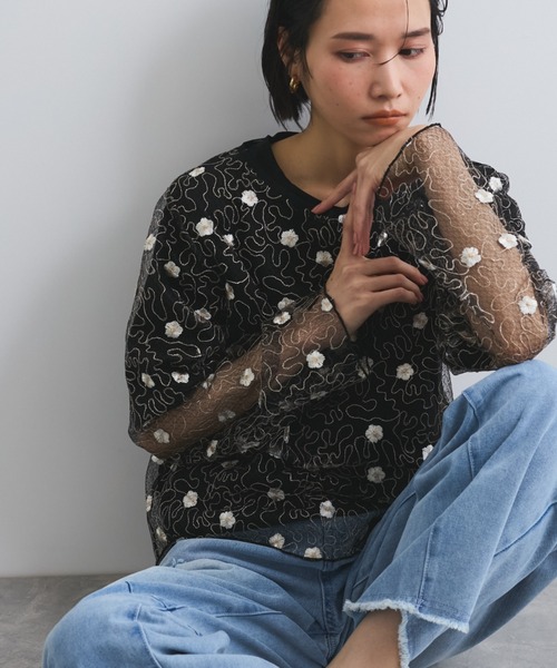 tシャツ フラワー刺繍メッシュアンサンブル「手洗い可能」 レディース セール】フラワー刺繍メッシュアンサンブル≪手洗い可能≫（T
