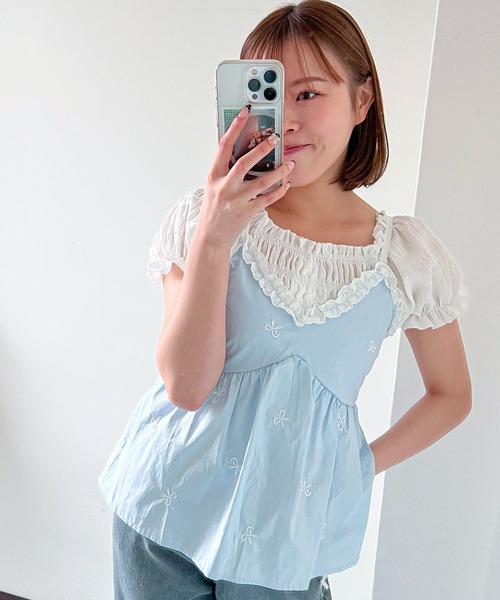 frunco（フランコ）の「リボン刺繍キャミソール（キャミソール・レディース・ブルー/ブラック・FREE）」の6枚目の写真