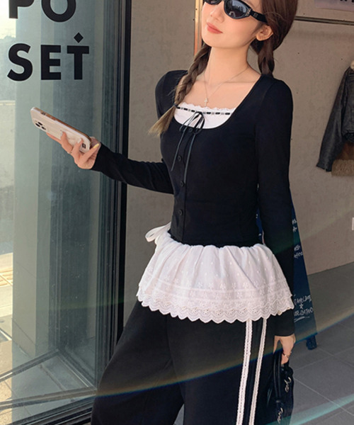 VIVID LADY(ビビッドレディー)の「レイヤード風 ロングTシャツ ショート丈(Tシャツ/カットソー・レディース・ブラック・FREE)」の3枚目の写真