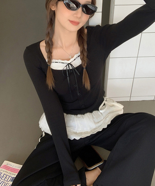 VIVID LADY(ビビッドレディー)の「レイヤード風 ロングTシャツ ショート丈(Tシャツ/カットソー・レディース・ブラック・FREE)」の7枚目の写真