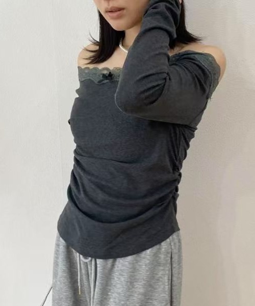 mebole（メボレ）の「レースステッチオフショルダートップス（Tシャツ/カットソー・レディース・ダークグレー/グレー/ブラック・FREE）」の8枚目の写真