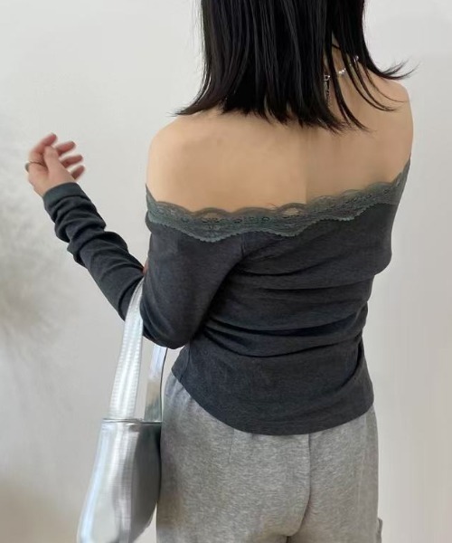 mebole（メボレ）の「レースステッチオフショルダートップス（Tシャツ/カットソー・レディース・ダークグレー/グレー/ブラック・FREE）」の13枚目の写真