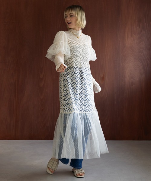 MAISON BREEZE reveur(メゾンブリーズレヴール)の「【MAISON BREEZE reveur】Flower embroidery dot tulle switching dress one-piece(ワンピース・レディース・ブラック/アイボリー・FREE)」の8枚目の写真
