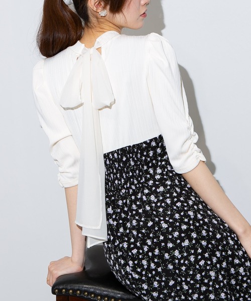 【MODIMOOD】ROAD FRILL CHECK CANCAN ワンピース セール】後ろリボン リブトップス+花柄スカートドッキングロング
