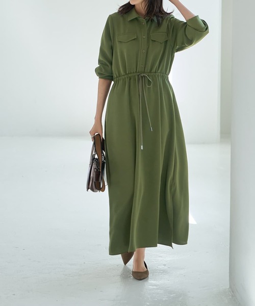 STYLE DELI（スタイルデリ）の「【LUXE】ウエストマークシャツワンピース（ワンピース・レディース・ネイビー/グリーン系その他・2/1）」の2枚目の写真