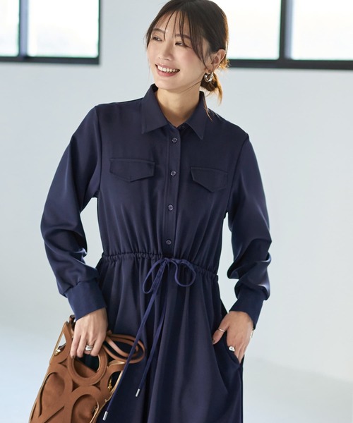 STYLE DELI（スタイルデリ）の「【LUXE】ウエストマークシャツワンピース（ワンピース・レディース・ネイビー/グリーン系その他・2/1）」の3枚目の写真