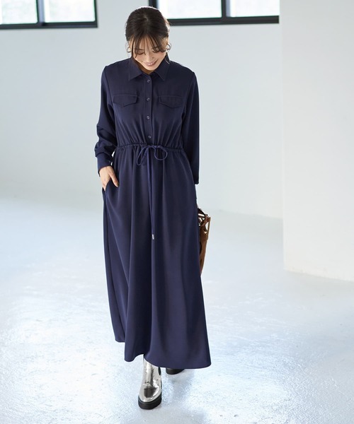 STYLE DELI（スタイルデリ）の「【LUXE】ウエストマークシャツワンピース（ワンピース・レディース・ネイビー/グリーン系その他・2/1）」の4枚目の写真