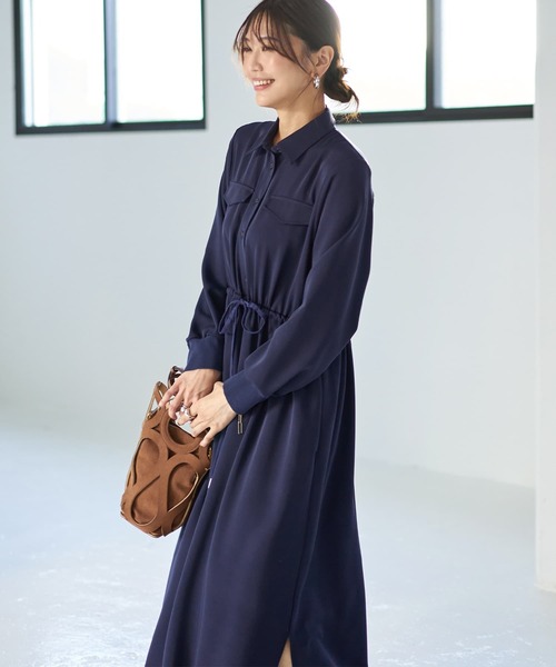 STYLE DELI（スタイルデリ）の「【LUXE】ウエストマークシャツワンピース（ワンピース・レディース・ネイビー/グリーン系その他・2/1）」の7枚目の写真