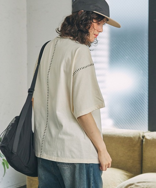 一目惚れ【boohoo】オープンステッチ ニット 半袖Tシャツ Starting Over シャツ oversize stitching shirt/オーバーサイズ