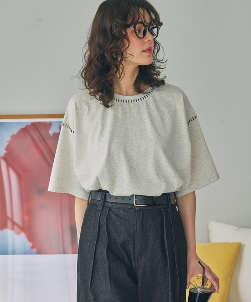 配色ステッチ オーバーサイズ 半袖Tシャツ MONO-MART LADY'S