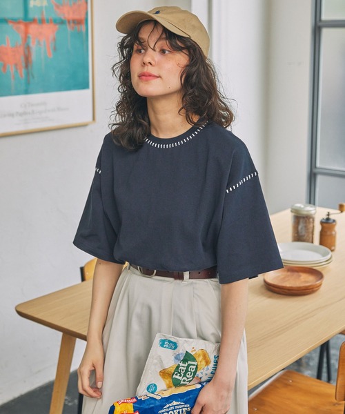 配色ステッチ オーバーサイズ 半袖Tシャツ MONO-MART LADY'S