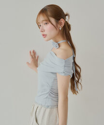 Chico | 【5色展開】ローズチョーカー付ワンショル裾レースT(Tシャツ/カットソー)