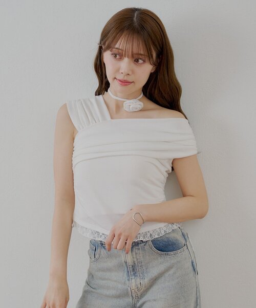 5色展開】ローズチョーカー付ワンショル裾レースT（Tシャツ