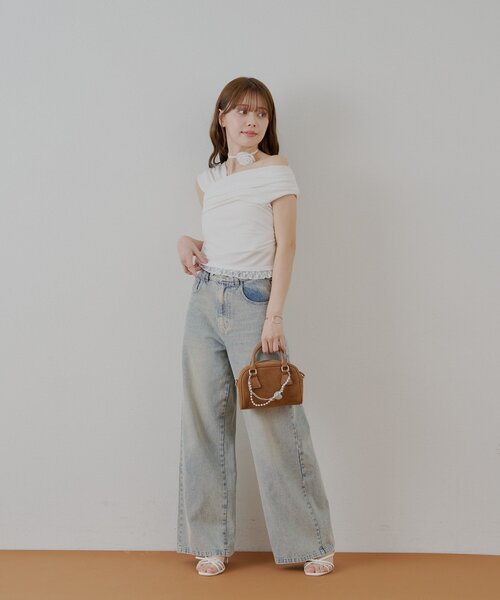 5色展開】ローズチョーカー付ワンショル裾レースT（Tシャツ